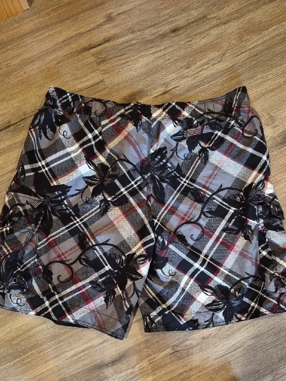 Athena Black, Gray & Red Plaid Swim Shorts